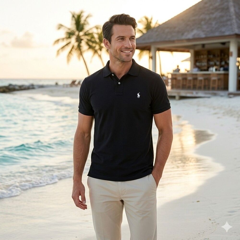 Polo Ralph Lauren Shirt Mens XXL Custom Slim Fit Black Pique Polo White Pony